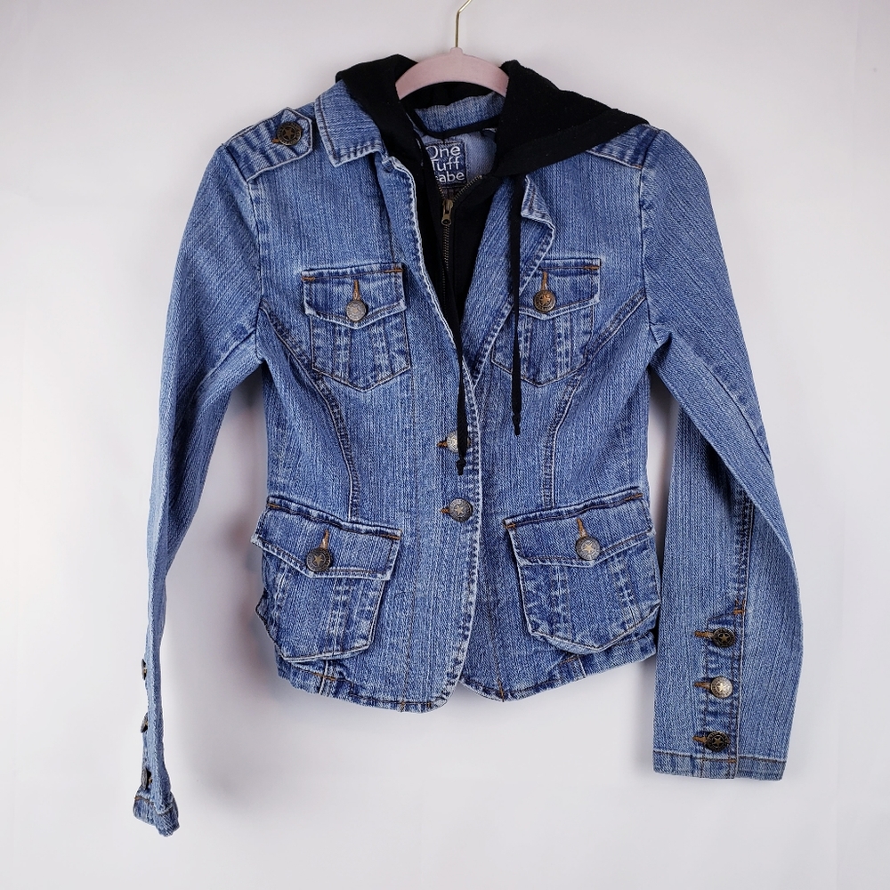 One tuff babe Jean jacket Hooded zip button Pocket size small